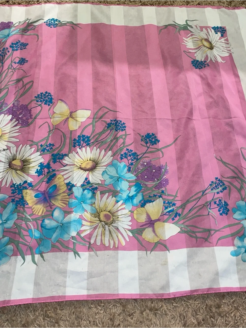 Floral Pink Silk-Feel Scarf with Blue Accents